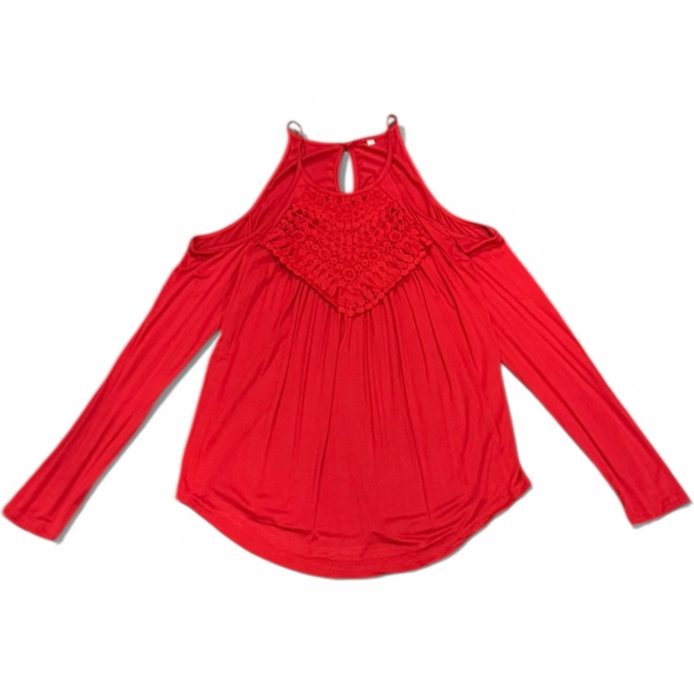 Women’s Red Cold Shoulder Top with Crochet Detail Size Medium Boho Y2K